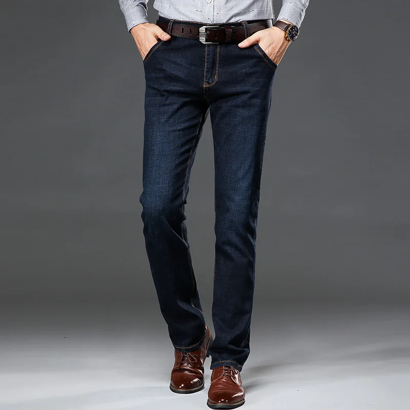 Большие размеры 40, 42, 44, 46, мужские классические джинсы, деловые повседневные эластичные облегающие джинсовые брюки мужские Брендовые брюки черного и синего цвета