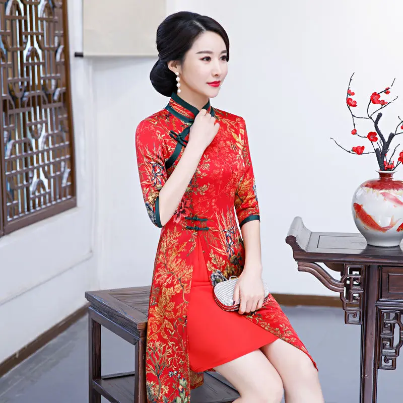 Мода по колено Cheongsam Китайский Стиль Мандарин воротник платье новые женские летние вискозные Qipao тонкие Вечерние платья Vestido
