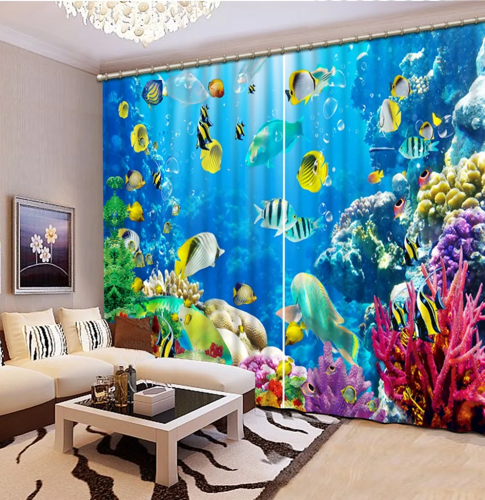 

Home Decoration Bedding room 3D Curtains Fashion 3d curtains ocean fish High Quality