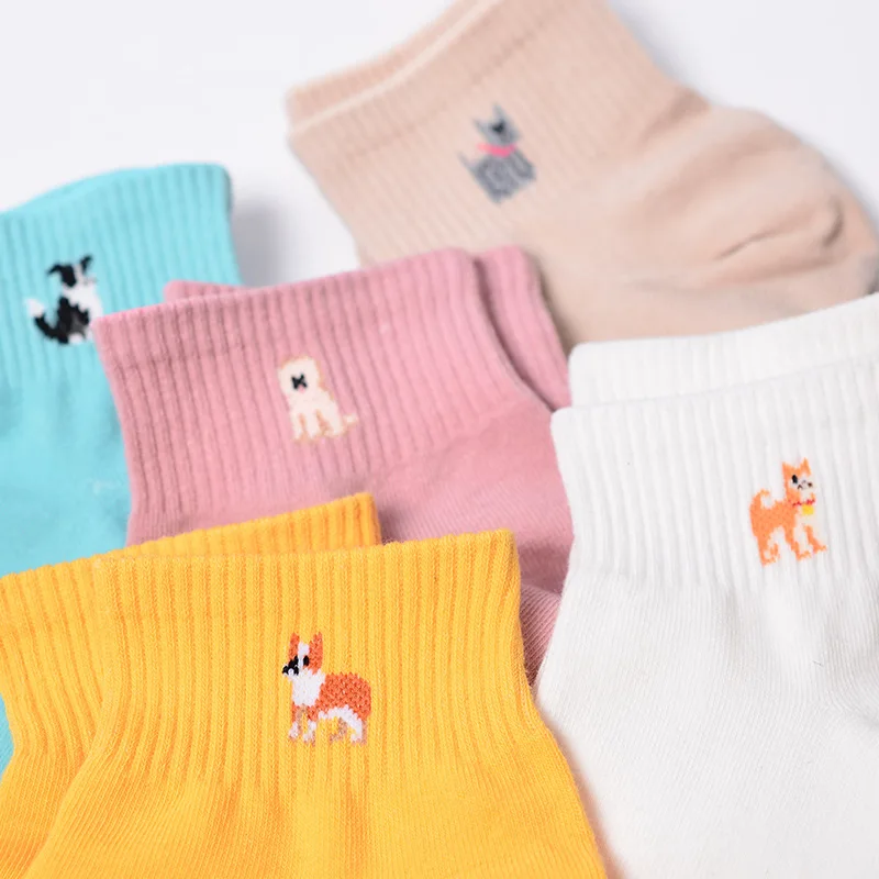 Fashion Candy Color Kawaii Cute Dog Women Girl  Cotton Socks Korean Tube Harajuku Funny CasualNovelty Art Vintage Yellow White