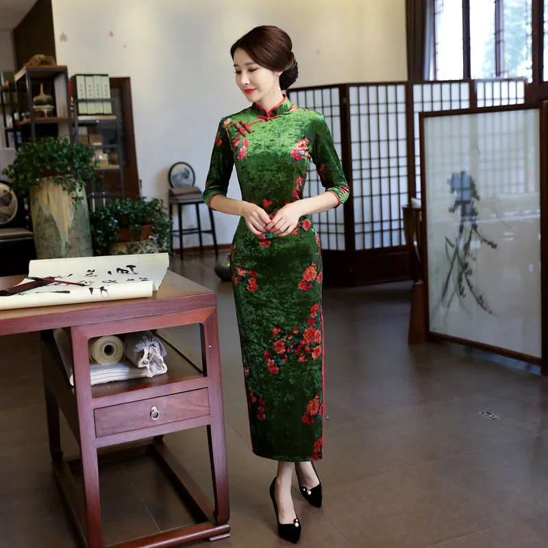 Зеленый зима/весна Cheongsam Qipao женское бархатное длинное платье китайское традиционное платье с коротким рукавом винтажные Cheongsams размер S-3XL