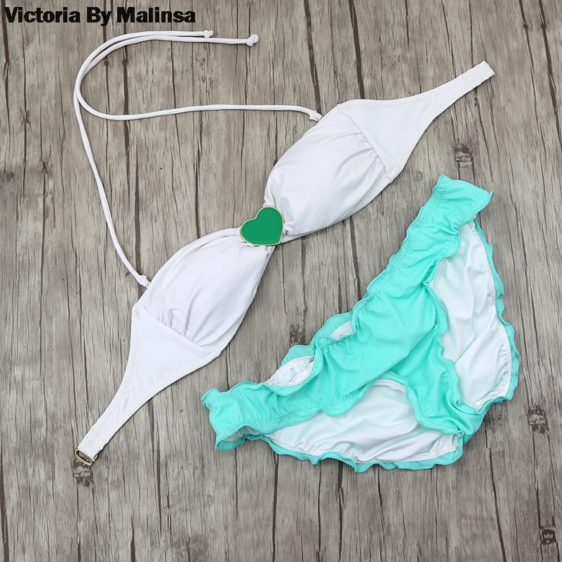 

Women Bikini Set White Top Secret Swimsuit Summer Biquini Bottom brazilian Swimwear Crystal jewelry Brooch Heart Green