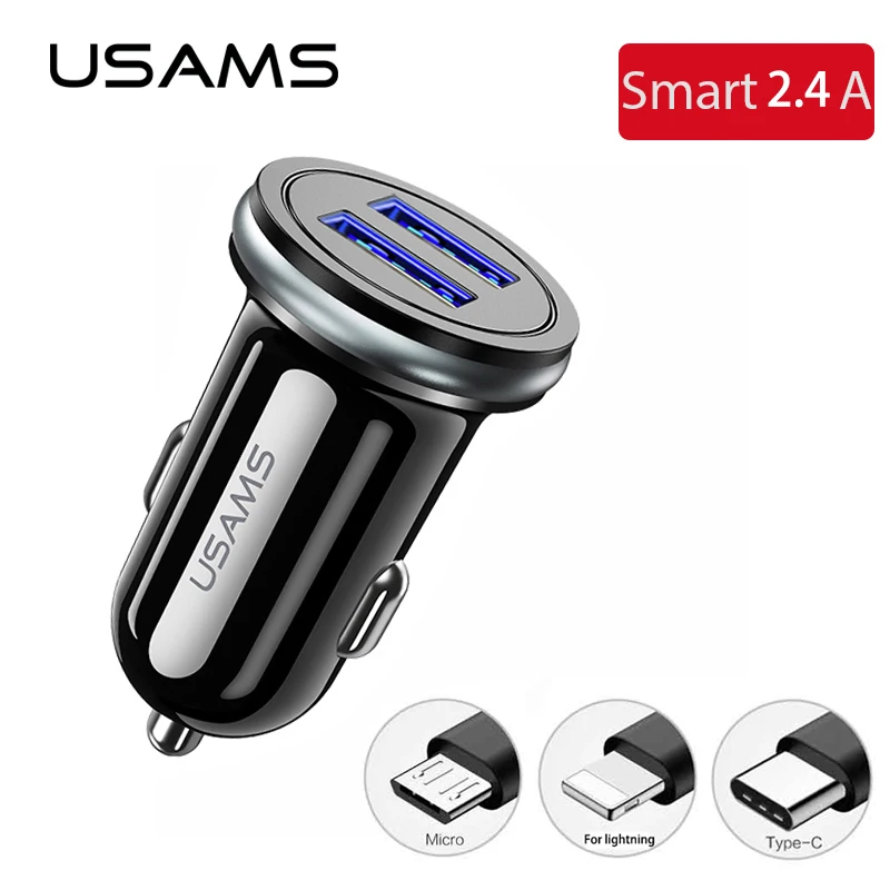 

USAMS Car Phone Charger 2.4A Fast Charger 1.2M USB Type C micro usb cable Adaptive Charging For iphone Xiaomi Phone Car-Charger