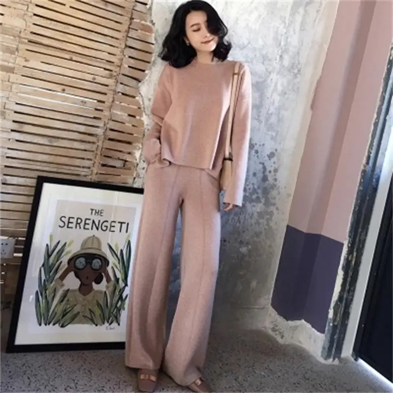 

Fashion Knit sweater Suit women spring / winter New Long sleeve round neck sweater + high waist wide leg pants casual two-piece