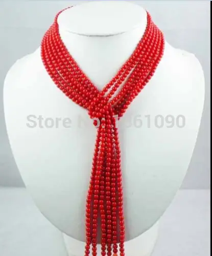 

bjc 000615 3 Strand long 45inchs Natural 4mm red coral round bead necklace AAA