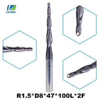 

1pc R1.5*D8*47*100L*2F tungsten carbide router bits Ball Nose cone type Tapered End Mill 8mm shank cnc milling cutter tools