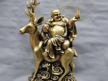 

21'' China Bronze Buddhism Happy Maitreya Buddha Ride Deer Statue Figurine