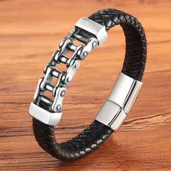 Unique Punk Design Special Pattern Bicycle Chain Stainless Steel Accessories Men’s Leather Bracelet Multi-color Birthday Gift