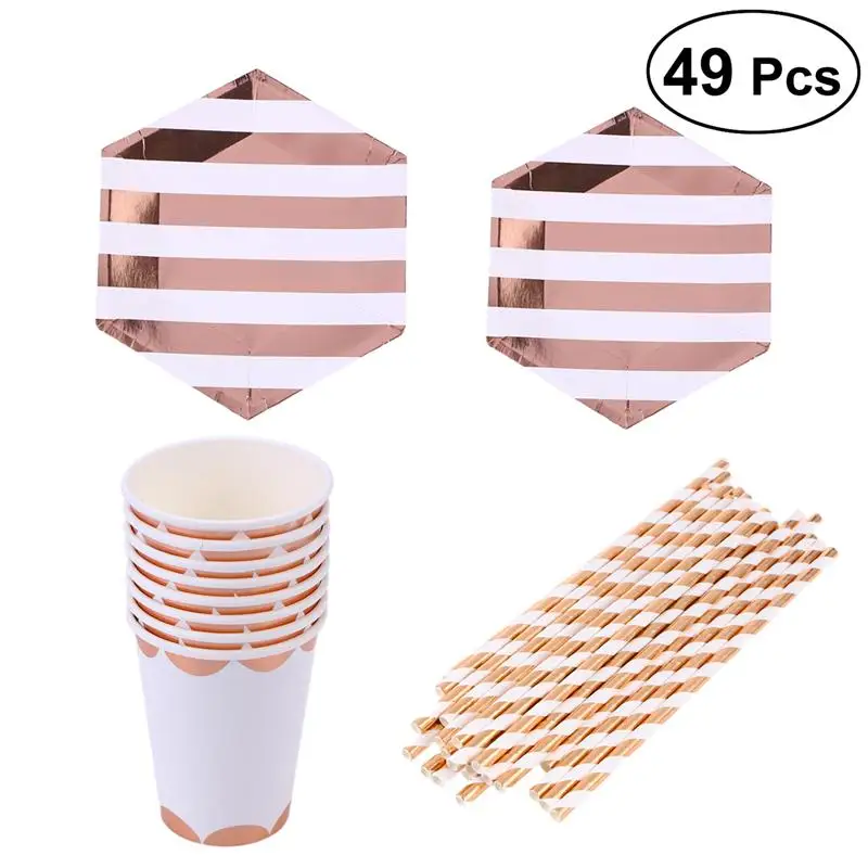 

49pcs/set Golden Stripes Party Supplies Set Paper Plates Cup Straws Tableware Set for Birthday Wedding Festival