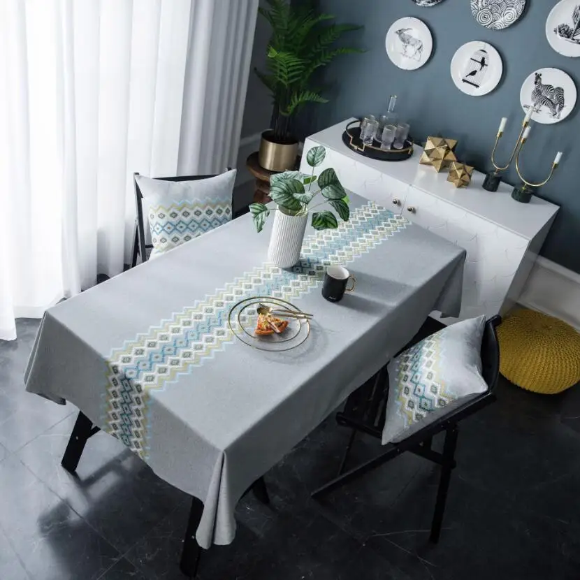

Beautiful Flower Embroidered Table Cloth Rectangular Dining Table Cover Pastoral Grey Pink Floral Embroidery Tablecloth ZC066