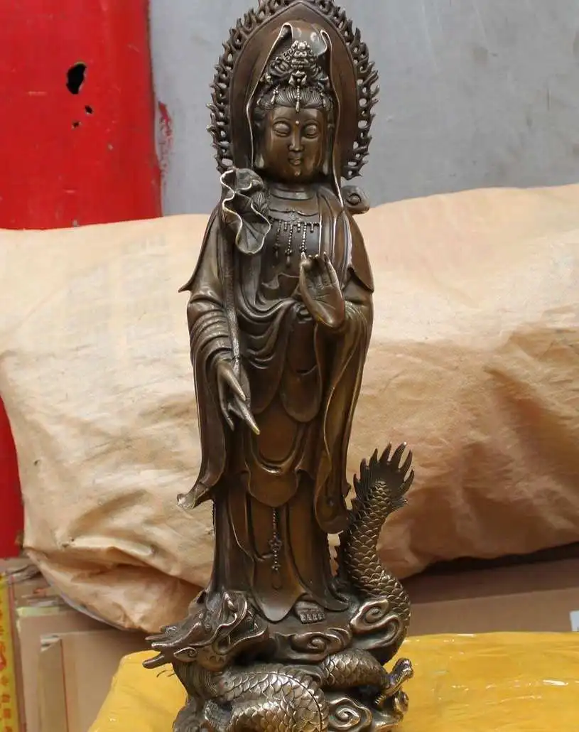 

21 Chinese Bronze Stand Dragon Kwan-yin Guan Yin Boddhisattva Goddess Statue