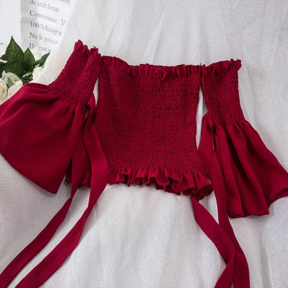 

Summer Elastic pleated Ruffles Slash Neck Shirt Women Flare Sleeve Strapless Short Shirts Bow Sexy Lumbar navel Tops Tees Mw472