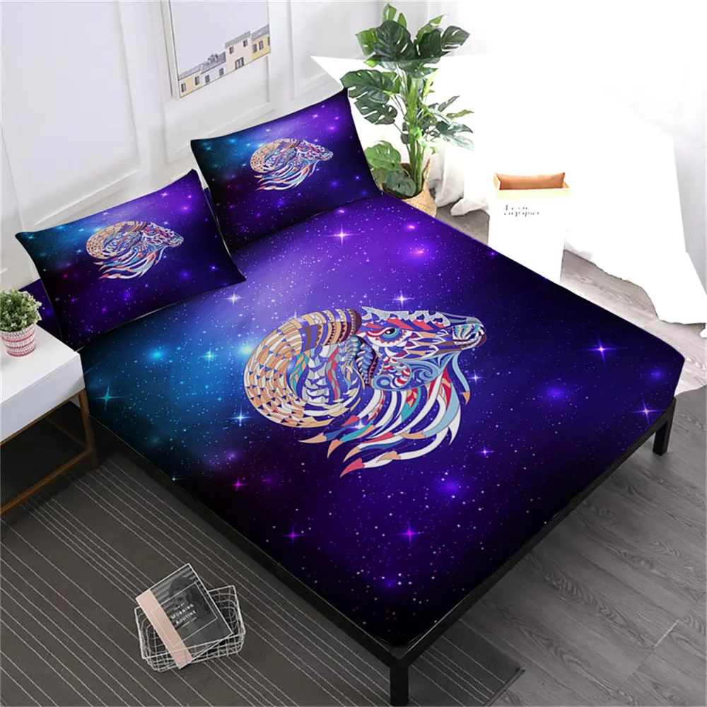 

White Purple Galaxy Bed Sheet Colorful Animal Sheep Print Fitted Sheet Flat Sheet King Queen Bed Linens Pillowcase 4Pcs D30