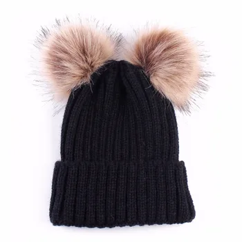 

Baby Toddler Girls Boys &MOM Warm Hat Winter Beanie Double Ball Earflap Knitted Cap