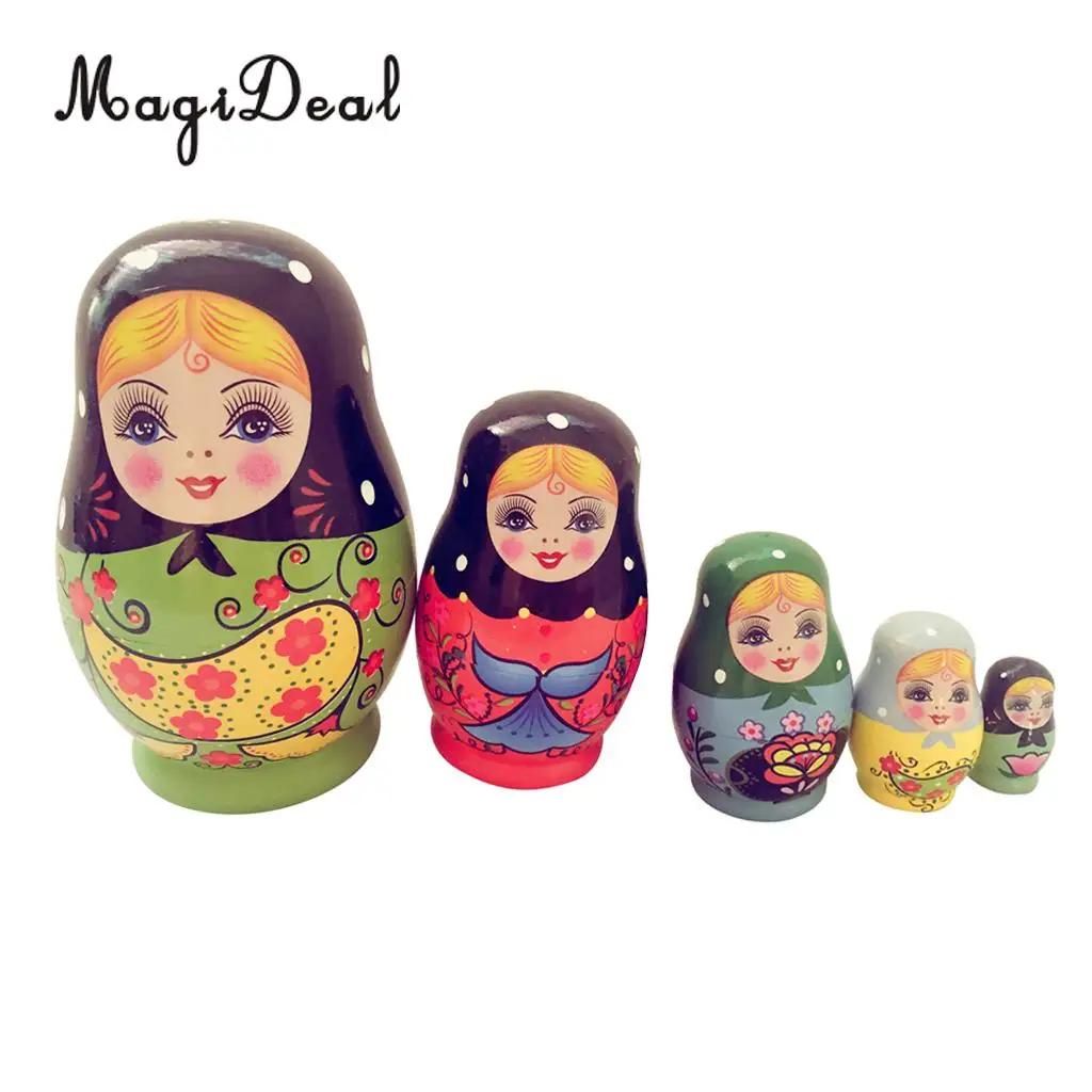 5Pcs/Set Painted Girls Wooden Russian Nesting Dolls Babushka Matryoshka Toys for Kids Children Home Baby Room Table Desk Decor