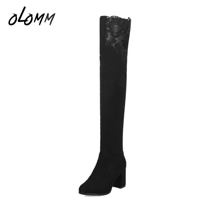 

Winter Women Over-the-Knee Long Boots Shoes Flock Slip-on Lace Solid Short Plush Worm Inside Fashion Round Toe High Square Heels