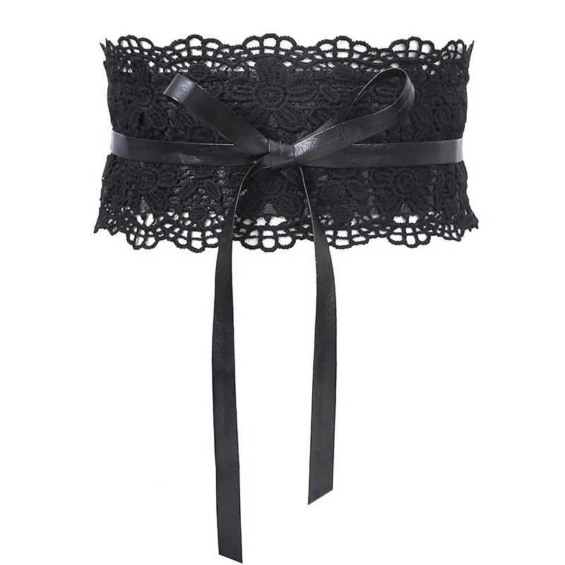Hollowed Flower Wide Bow Waist Belt Women Sexy White Black Lace Bandage ...