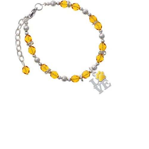 Silvertone Love with Yellow Paw Yellow Beaded Bracelet