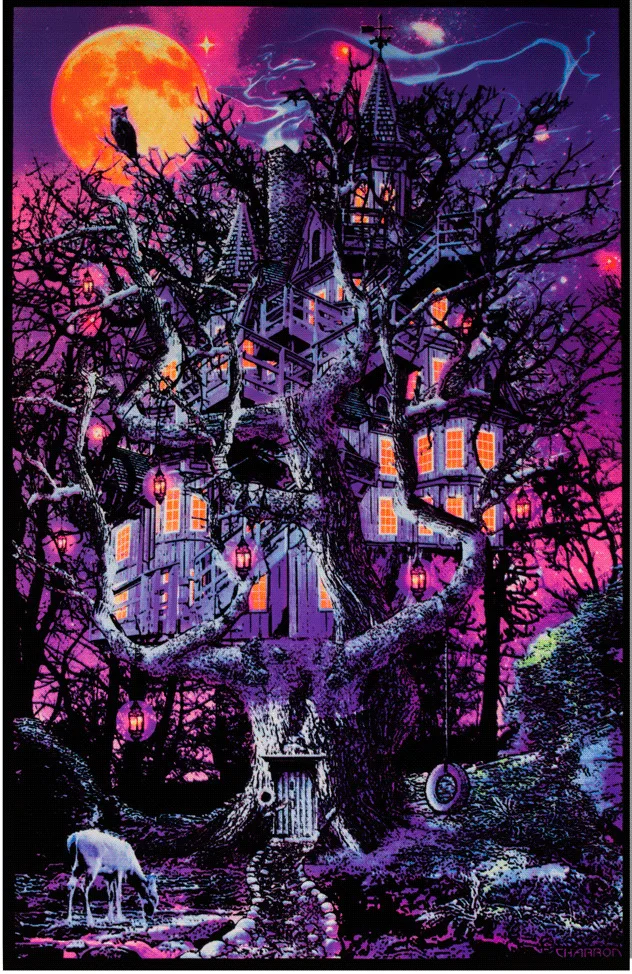 

N2428 Haunted Treehouse Blacklight Flocked Wall Sticker Silk Fabric Poster Art Indoor Decor Bright