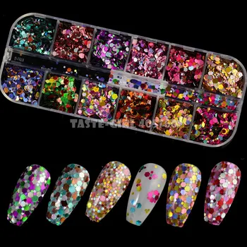 

12 Grids/Set Mix Colors Mix 3 sizes Glitter Laser Holographic Hexagon Sequin Nail Art Slice Paillette Decoration DIY Tip CT20