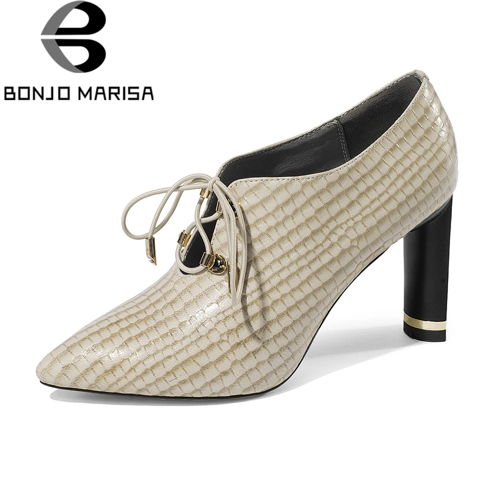 

BONJOMARISA Brand Mixed Color Deep Pumps Women Genuine Leather Autumn 2019 lace-up Work Shoes Woman High Heels Ol Footwear