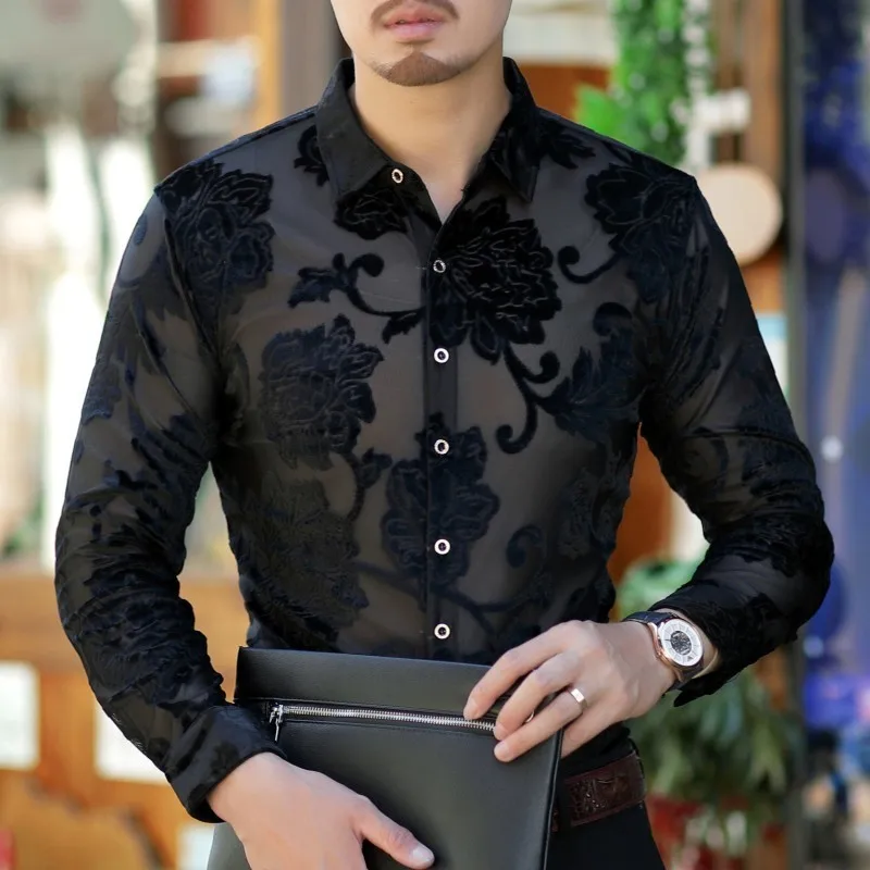 Flower Velvet Shirt Men 2018 New Long Sleeve Camisa Hombre Mens Button ...