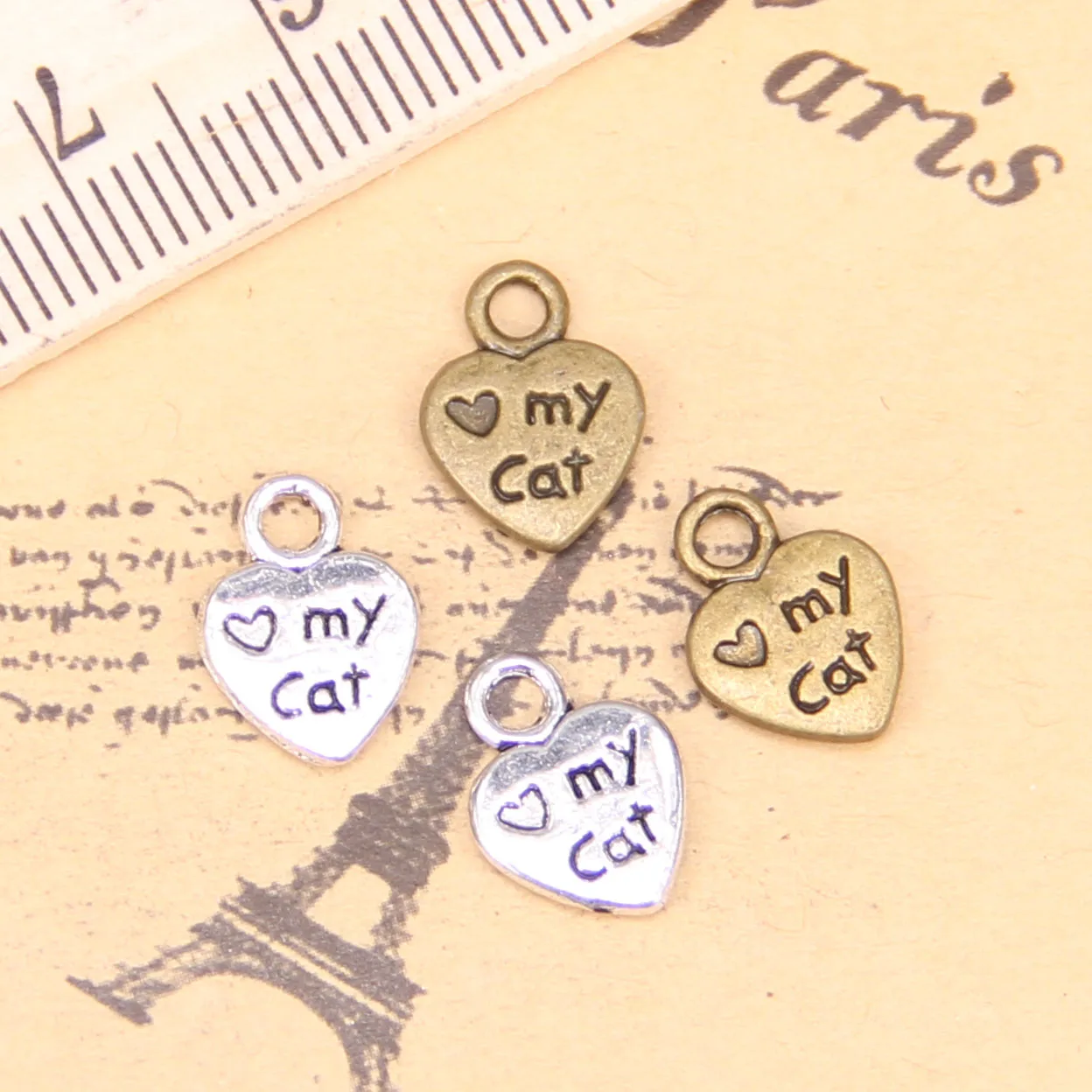 240 шт. украшения шармы в форме сердца love my cat paw 12x9 мм Античные с серебристым