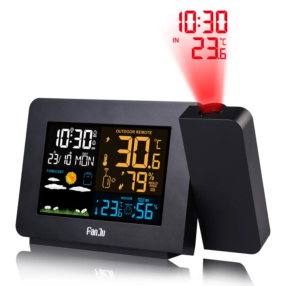 FanJu цифровые проекционные часы метеостанция Беспроводная температура влажность цветной Календарь двойной будильник настольные часы - Цвет: Черный