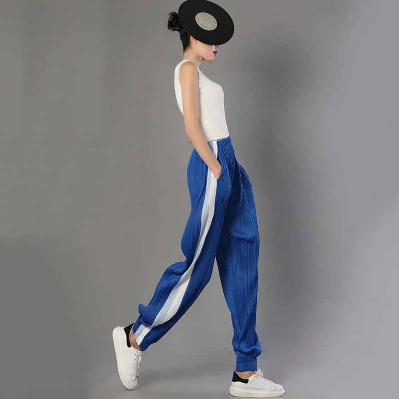 Шифон шаровары женские серии 2018 Весенняя мода новый Ruched Side Stripe эластичные