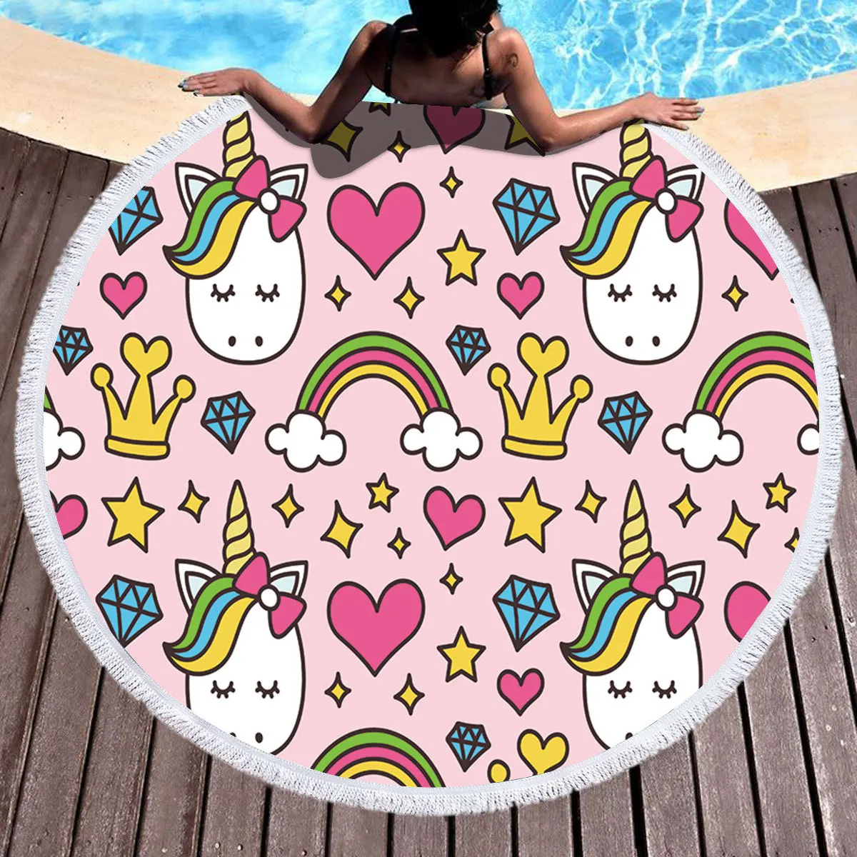 

Cartoon Unicorn 150cm Round Beach Towel Wall Tapestry Picnic Blanket Portable Outdoor Kids Gift Dropship