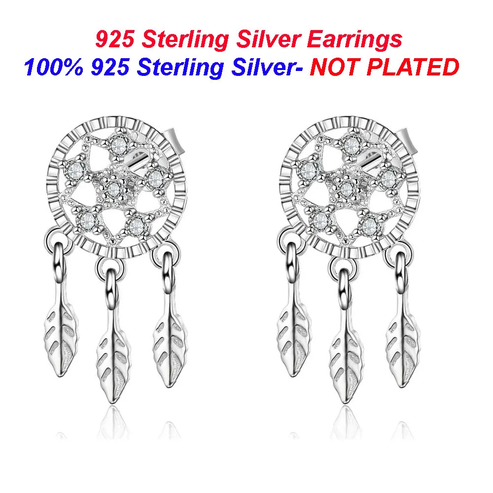 

100% 925 Sterling Silver Dream Catcher Stud Earring Wholesale Vnistar Lotus Feather Cubic Zirconia Earrings