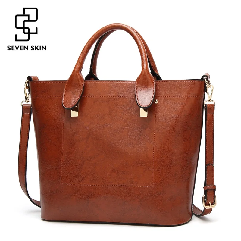 SEVEN SKIN Brand Women Casual Tote Bag Famous Designer Female Solid Leather Shoulder Bags Women Handbag