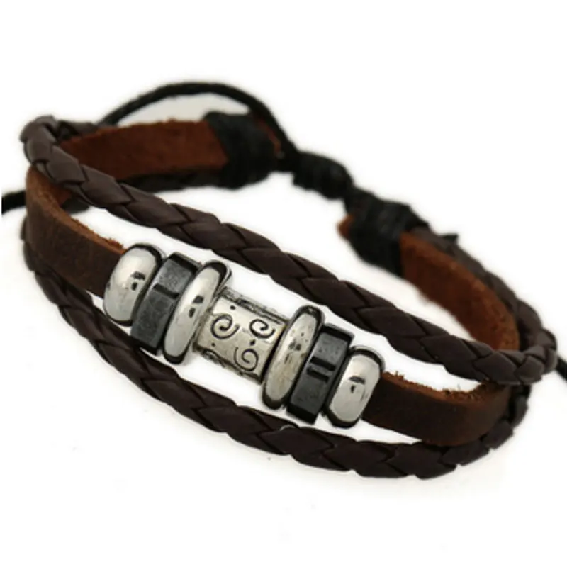 Double rope Charm Bracelets Mens Khaki Brown Rope PU Leather