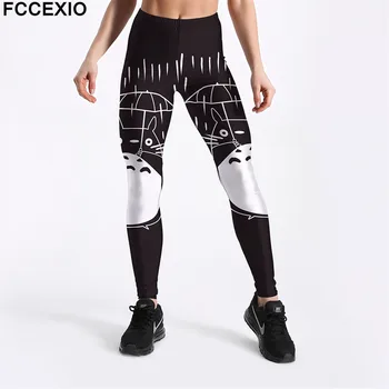 

FCCEXIO Cartoon Umbrella Cute Totoro Prints Fitness Workout Push Up Women Leggings Slim Sexy Female Pencil Pants Plus Size