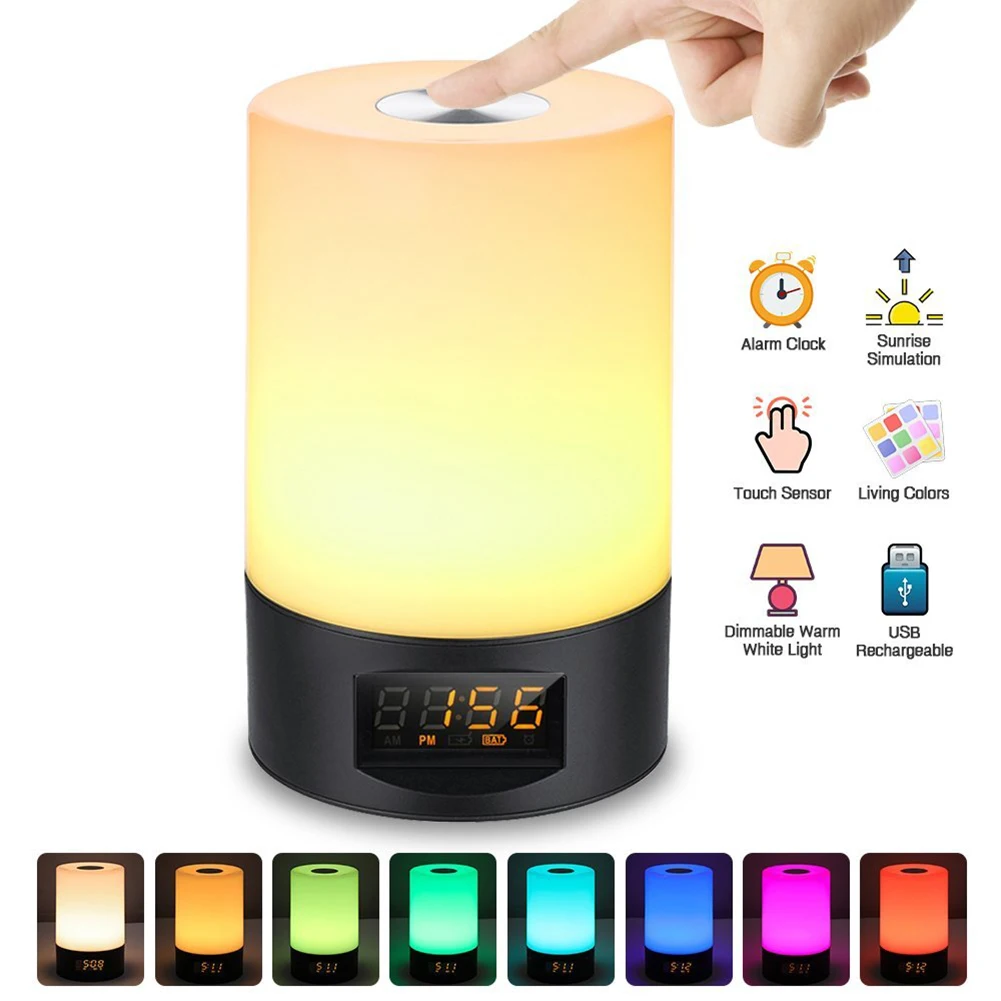 

Wake Up Sunrise Natural Light Sound Adjustable Touch Control Alarm Clock LED Reading Camping RGB Color Desk Light