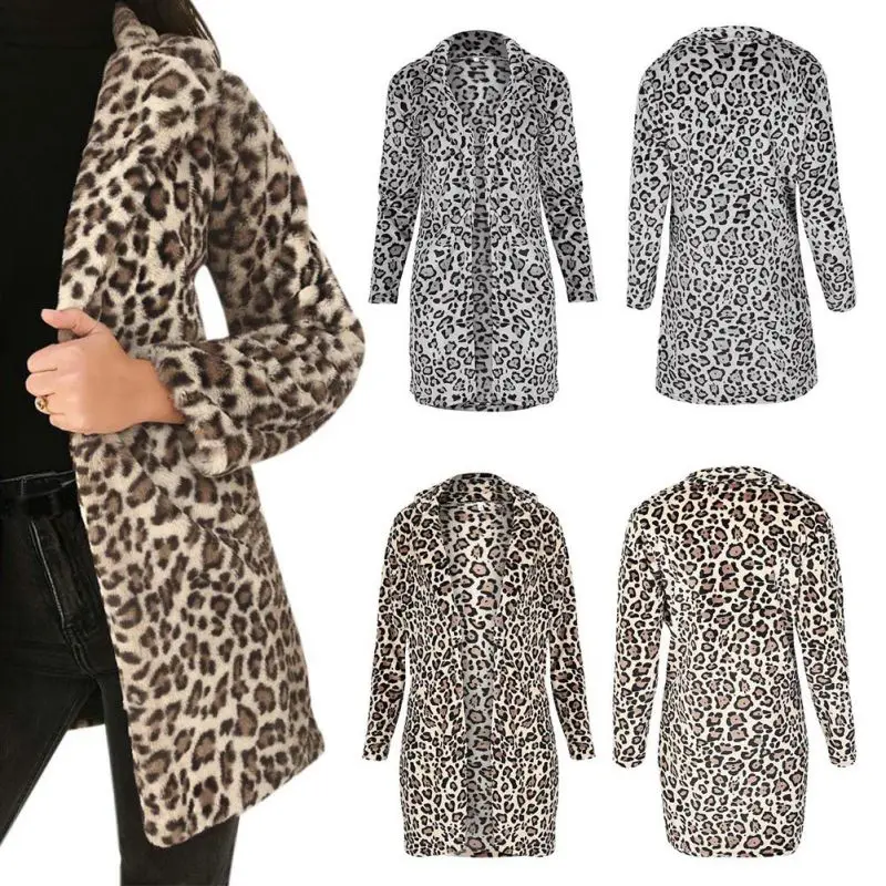 Модные зимняя куртка с отделкой из меха Turn-Down Воротник Женский Искусственный мех леопардовое пальто женский теплый кардиган пальто