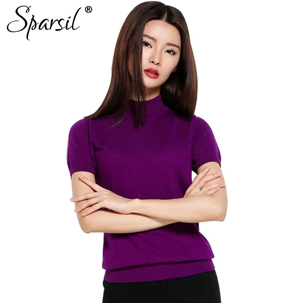 Sparsil ربيع المرأة نصف الطول س الرقبة قصيرة الأكمام سترة الصلبة القطن مزيج أسلوب سليم البلوز تريكو