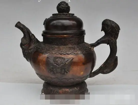 

S00588 7"marked chinese bronze Garuda elephant beast statue yellow Wine Tea Pot Flagon (B0413)