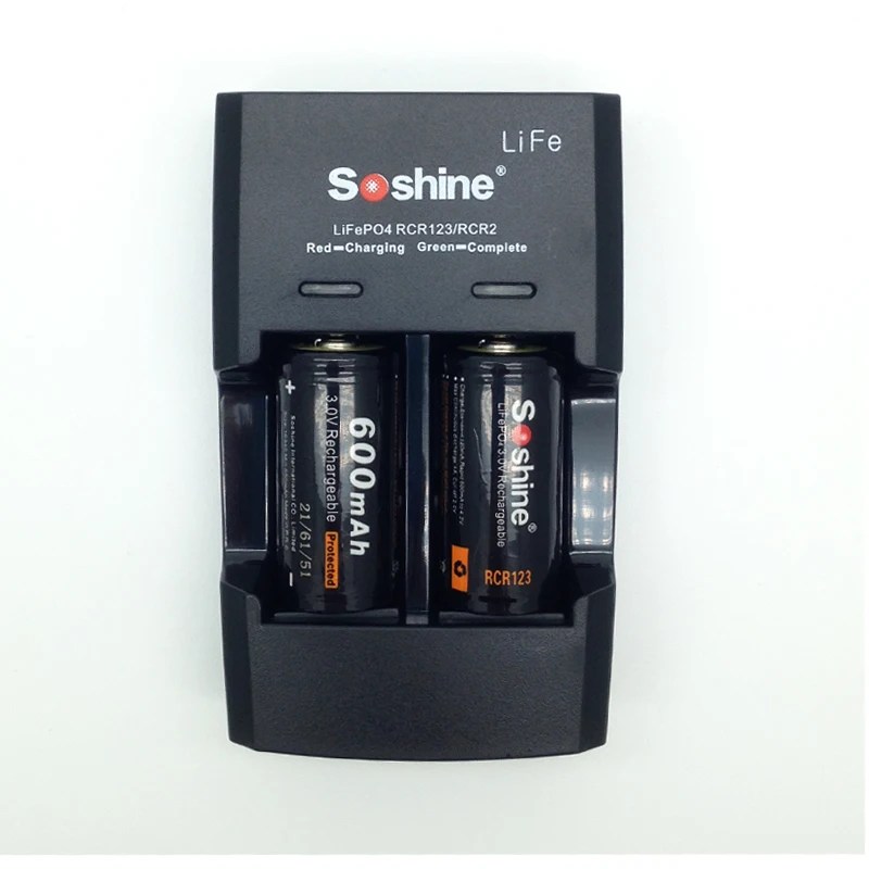 2pcs Soshine 16340 RCR123 LiFePO4 battery 3V 600mAh Rechargeable protected batteries with Soshine CR2 CR123 LiFe 3.0v charger