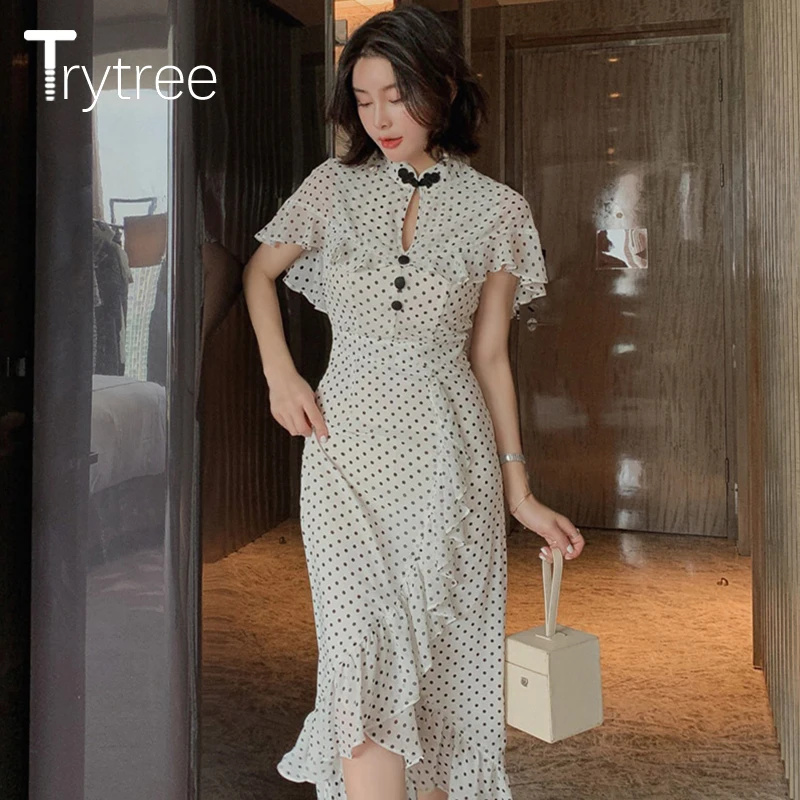 

Trytree 2019 Summer Autumn Casual Dress Dot Mandarin Collar Shawl Butterfly Sleeve Women Dresses Ruffles Hem High Street Dress