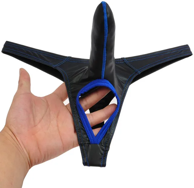 New Men Long Pouch Thong Leather Like Nuts Out String T back Bikini