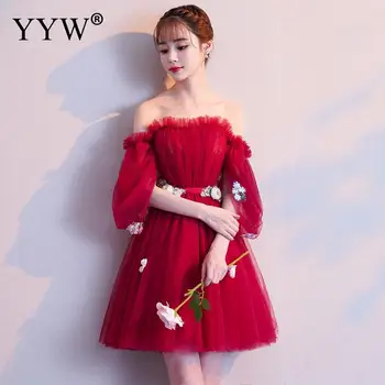 

Red Women's Vintage Lace Flower Bridesmaid Dresses Women Sexy Off Shoulder Mesh Sleeve A-Line Party Dress Elegant Mini Dresses