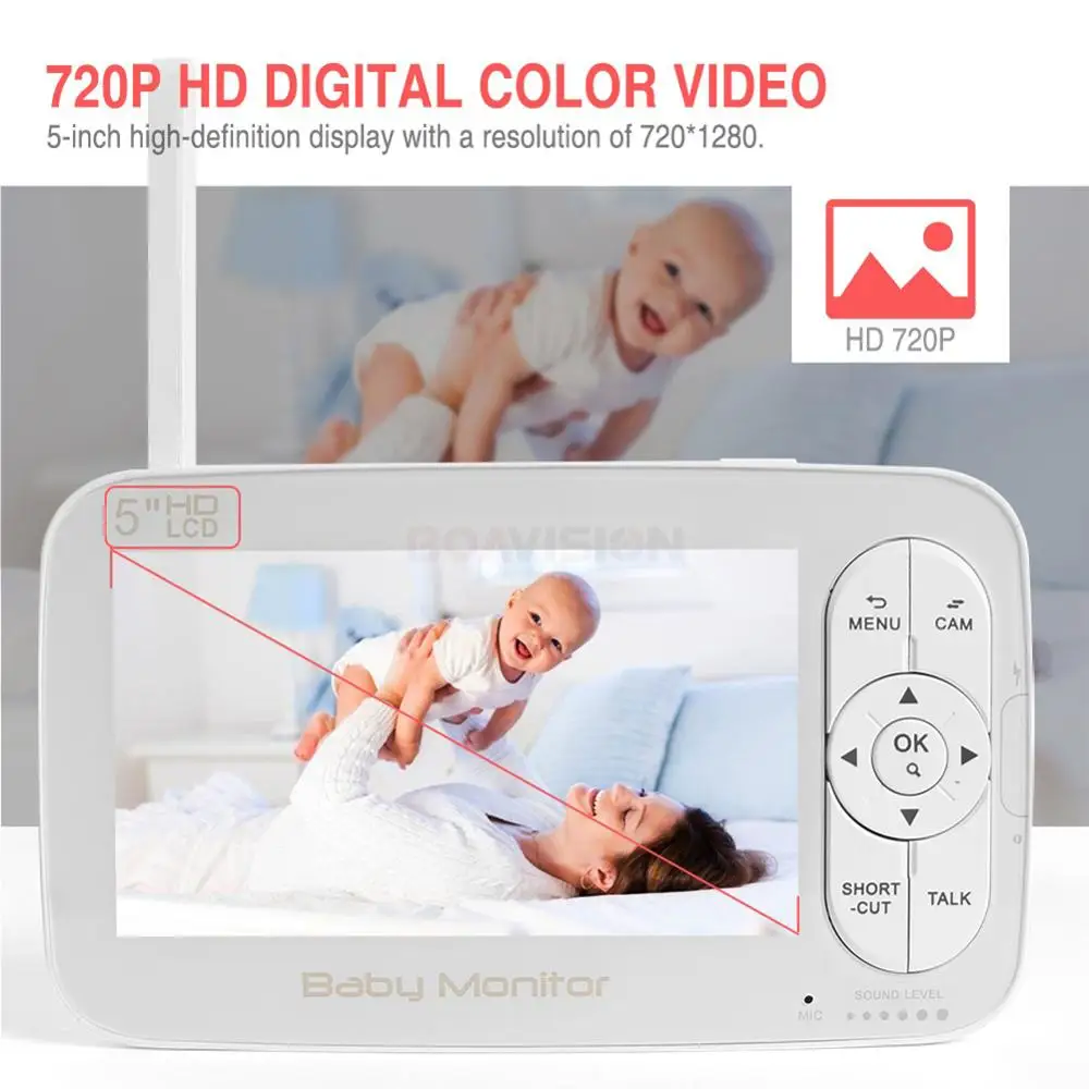 HD 720P Wireless Baby Monitor PTZ 360 Degree 5 Inch LCD Zoomable Baby Camera Night Vision Babysitte