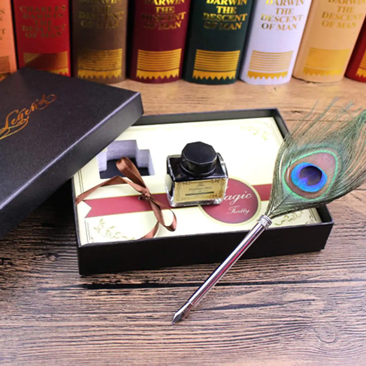 

Vintage Styles Writing Fountain Pen+Ink Bottle Gift Box Set 0.5mm Fine Nib Peacock Feather Quill Dip Pen For Calligraphy Supply