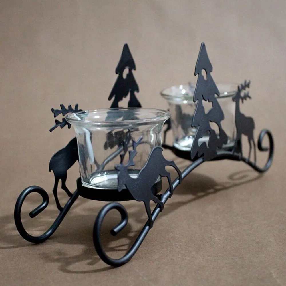 

Retro Iron Candle Holders Christmas Tree Deer Carriage Candlestick Bar Home Decoration with 2 Light Glass Holder