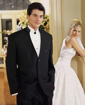 

Three Buttons Chinese collar Classic Fit Black Groom Tuxedos Wedding Party Groomsman Suit Wedding Party Suit ( jacket+Pants+tie)