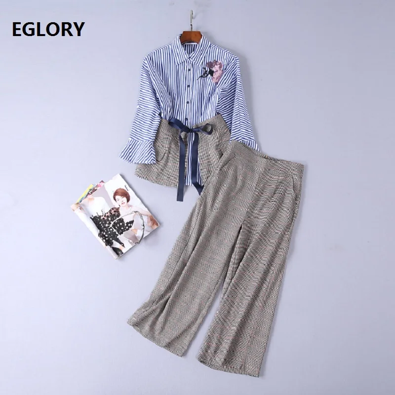 Top Quaity New Designer Set Clothing Women Sequined Tops Striped Shirt+Vintage Plaid Mini Skirt+Wide Leg Pants & Capris Set 3pc Women's Sets