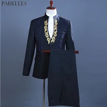 Для мужчин стенд воротник золото Вышивка одна кнопка 2 шт. костюмы мода Diamond дизайн свадебные смокинг жениха костюм Мужской черный