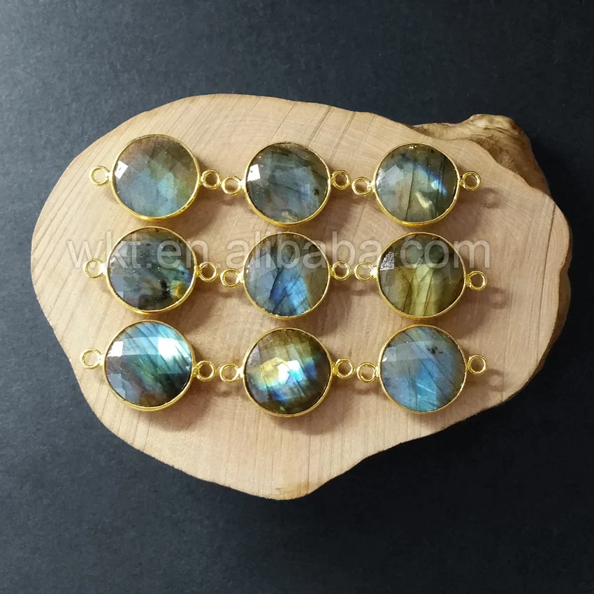 

WT-C118 Raw labradorite stone connector fashion faceted labradorite connectors for bracelet making 24K gold trim connector