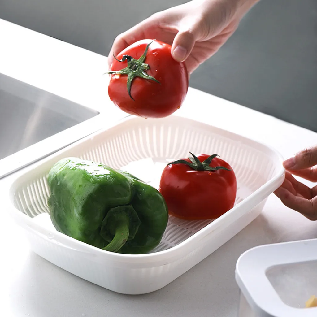 Plastic Square Drain Sealed Box Ginger Garlic Onion Food Refrigerator Container Portable fruit vegetable cleaning drain basket